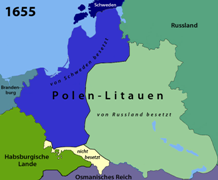 La République des deux nations fut presque complètement occupée par les Suédois (bleu) et les troupes russes (vert) jusqu'à la fin de 1655.