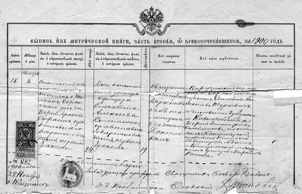 Георгій Страйн і Єлизавета Степаненко. Свідоцтво про шлюб
