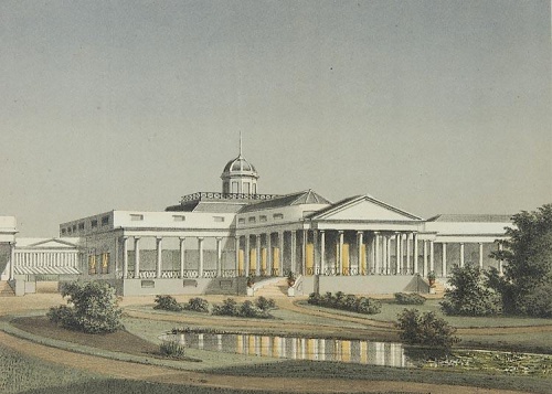 Litografi Istana Bogor Tahun 1850, KITLV : Pada tahun 1745 Bogor ditetapkan Sebagai Kota Buitenzorg yang artinya kota tanpa kesibukan dengan sembilan buah kampung digabungkan menjadi satu pemerintahan dibawah Kepala Kampung Baru yang diberi gelar Demang, daerah tersebut disebut Regentschap Kampung Baru yang kemudian menjadi Regentschap Buitenzorg. Sewaktu masa pemerintahan Gubernur Jenderal Baron van Imhoff (1740) dibangunlah tempat peristirahatan, pada lokasi Istana Bogor sekarang yang diberi nama Buitenzorg 