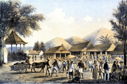 Lukisan Pasar di Bogor, sumber : Geschiedenis van NI - Buddingh 1859. Buitenzorg sudah mulai ramai setelah berusia 150 tahunan