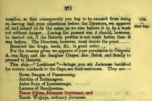 Daftar Manifes "Kapal LOCKHORST" yang mengangkut Tanoe Djiwa, Javanese Lieutenant bersama-sama dengan : Rossa Bangsa of Passaroeang, Jalolita of Imbanagara, Astra Saja of Loerentenga, Laxana of Bandjoemas, Tanda Widjaja ordinary Javanese (Letters received, 1695-1708 - Page 371 Cape of Good Hope, H.C.V. Leibbrandt 1896)