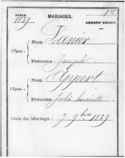 Acte de mariage reconstitué entre Joseph Lanier et Julie, Henriette, Appert. Mariés le 7 novembre 1839 à l'église Sainte-Madeleine (Paris 1er), qui reprendra en 1842 son vocable