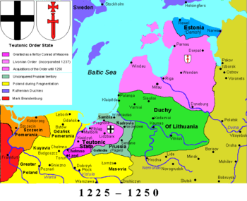 Захваченные меченосцами земли, которые были переименованы и разделены в принадлежности между Ливонским братством воина Христа и Тевтонским орденами (по принципу "разделяй и влавствуй")