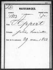 Acte de naissance reconstitué de Julie Henriette Appert, née le 29 mars 1823, à Paris 1er.