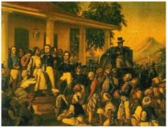 Lukisan cat minyak Raden_Saleh tahun 1857 tentang Penangkapan Pangeran Diponegoro. Diceritakan bahwa Pangeran Diponegoro beserta pasukannya ditangkap dalam keadaan tidak bersenjata. Sumber : [[3]]