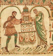 Thierry II avec sa femme Hildegarde déposant un évangéliaire sur l'autel de la nouvelle abbatiale d'Egmond.