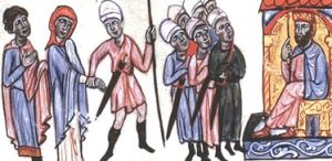 La femme (Alde) et le fils (Demetrius, tout à gauche) de George Ier de Géorgie rencontrant l'empereur Byzantin.jpeg