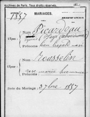 Acte de mariage (reconstitué) entre Léon, Léopold, Mosé, Picardeau (depuis Hayé-Valenciennes) et Rose, Marie, Hermance, Rousselin, mariés le 3 septembre 1857, à Paris.
