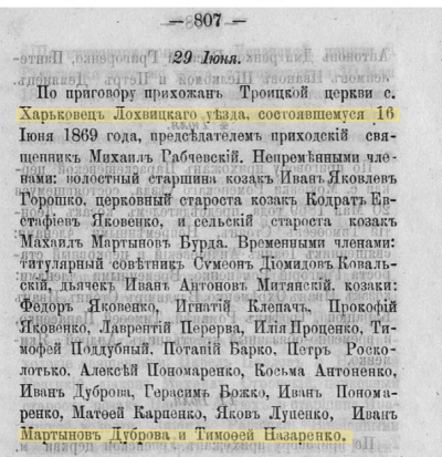 2. Епархиальные ведомости, Полтавские епархиальные ведомости. Полтава, 1863–1917, 1869, выпуск № 20 В джерелі згадується багато Харківчан, Лохвицького повіту