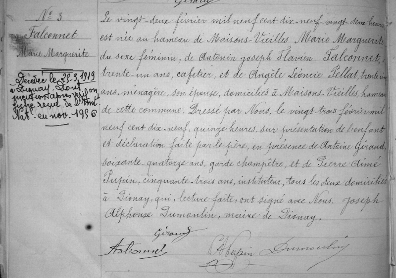 Skeudenn:Acte de naissance de Marie Marguerite Falconnet, Dionay, 1919.jpg