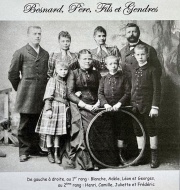 Frédéric et Adélaïde Besnard et leurs 6 enfants. Au 1er rang : Blanche, Adélaïde Deschamps épouse Besnard, Léon et Georges. Au 2e rang : Henri, Camille, Juliette et Frédéric Besnard. Vers 1887 ?