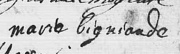 Signature de la marraine Bignan, qui signe "Marie Bigniande", au baptême de sa petite-fille Marie Rose Chapus, le 1er novembre 1704, à Mondragon (84).